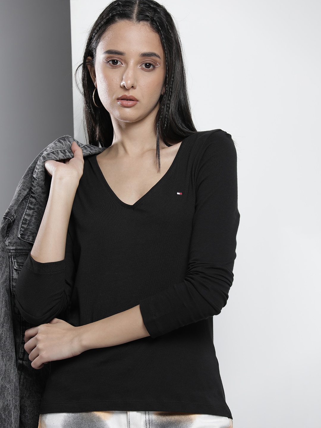 

Tommy Hilfiger Women Black Solid V-Neck Pure Cotton T-shirt
