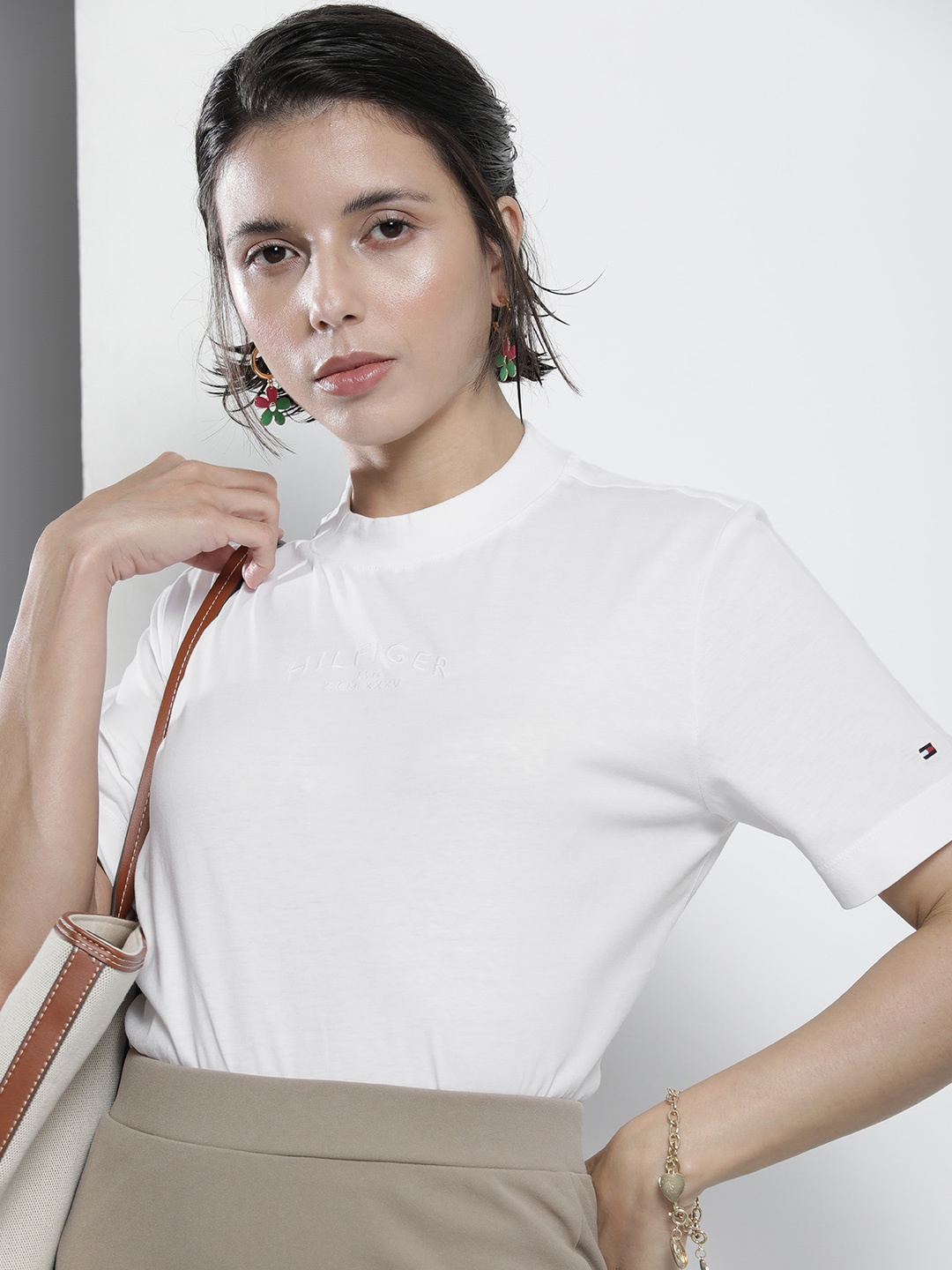 

Tommy Hilfiger Women White Brand Logo Embroidered High Neck T-shirt