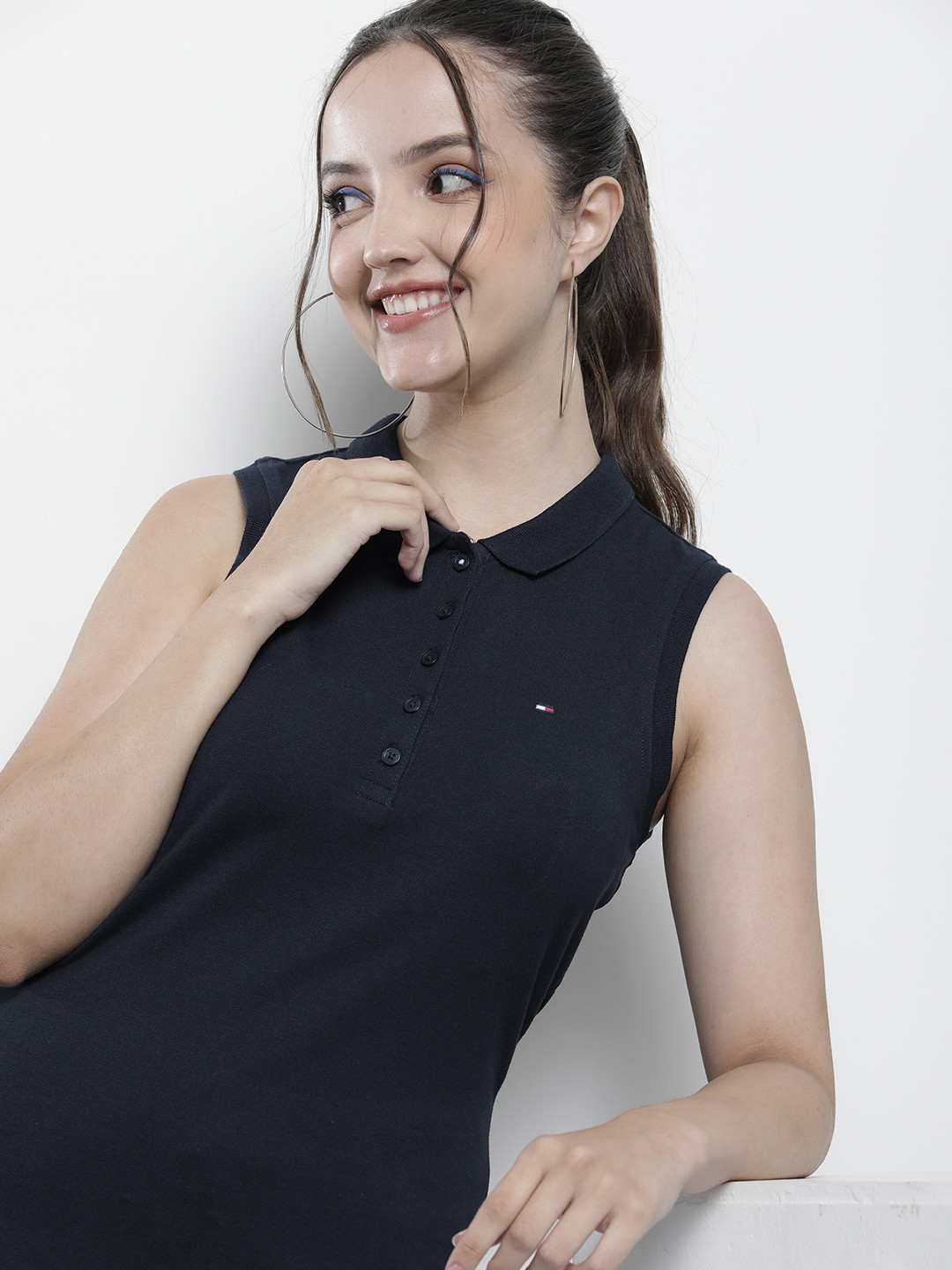 

Tommy Hilfiger Women Navy Blue Polo Collar Slim Fit T-shirt