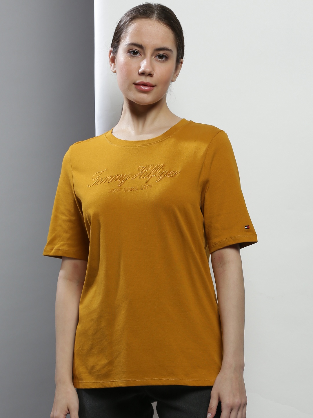 

Tommy Hilfiger Women Mustard Yellow Brand Logo Embroidered Pure Cotton T-shirt
