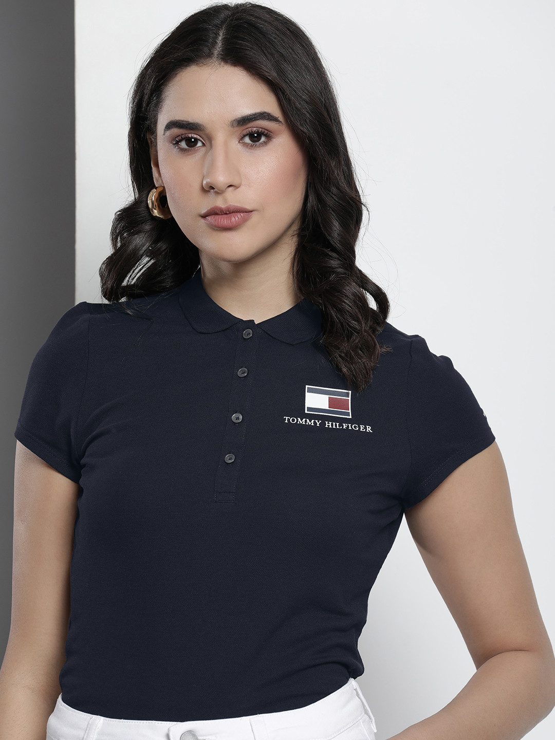 

Tommy Hilfiger Sustainable Brand Logo Placement Printed Polo Collar T-shirt, Navy blue