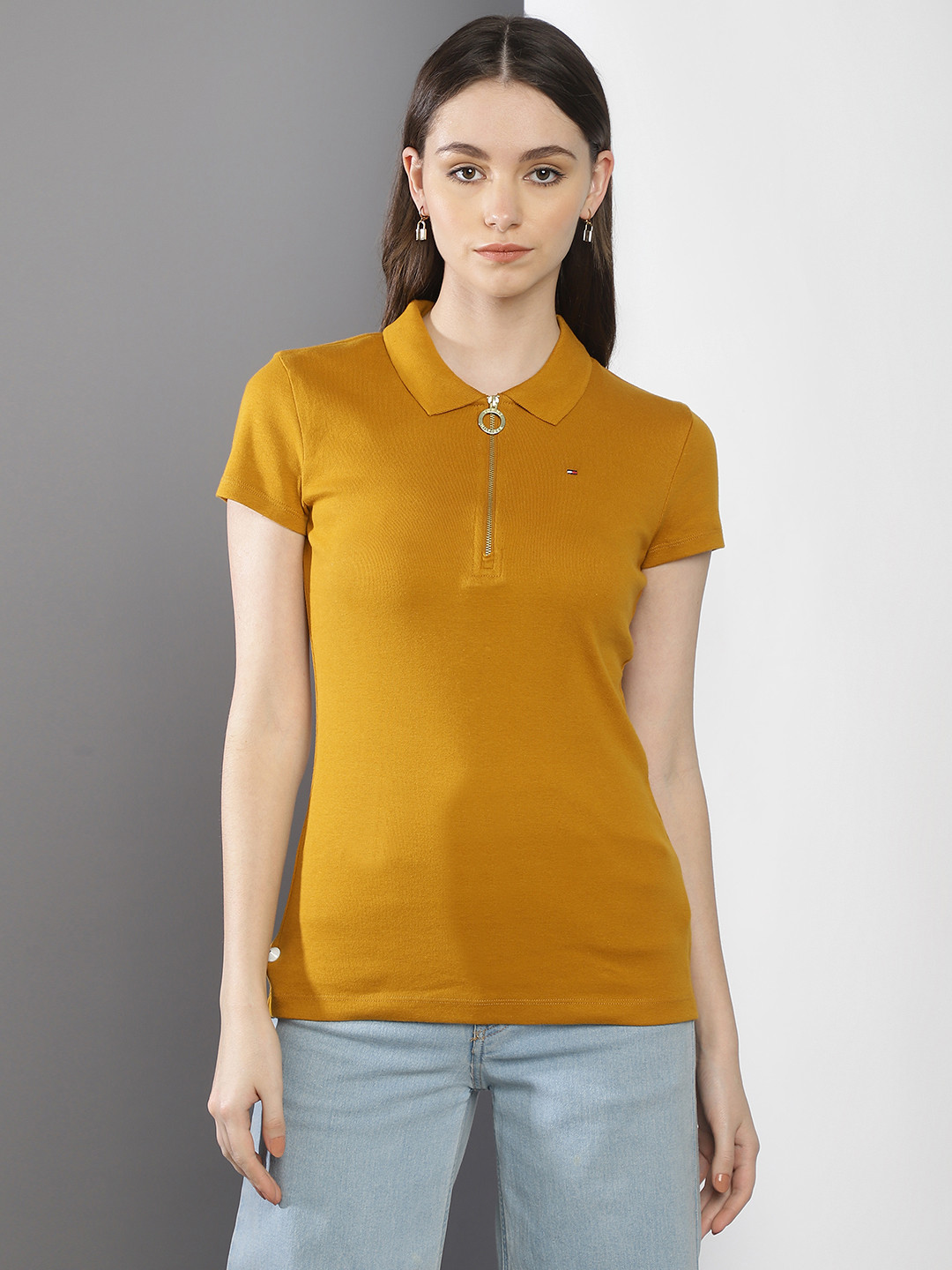 

Tommy Hilfiger Women Polo Collar Slim Fit T-shirt, Mustard