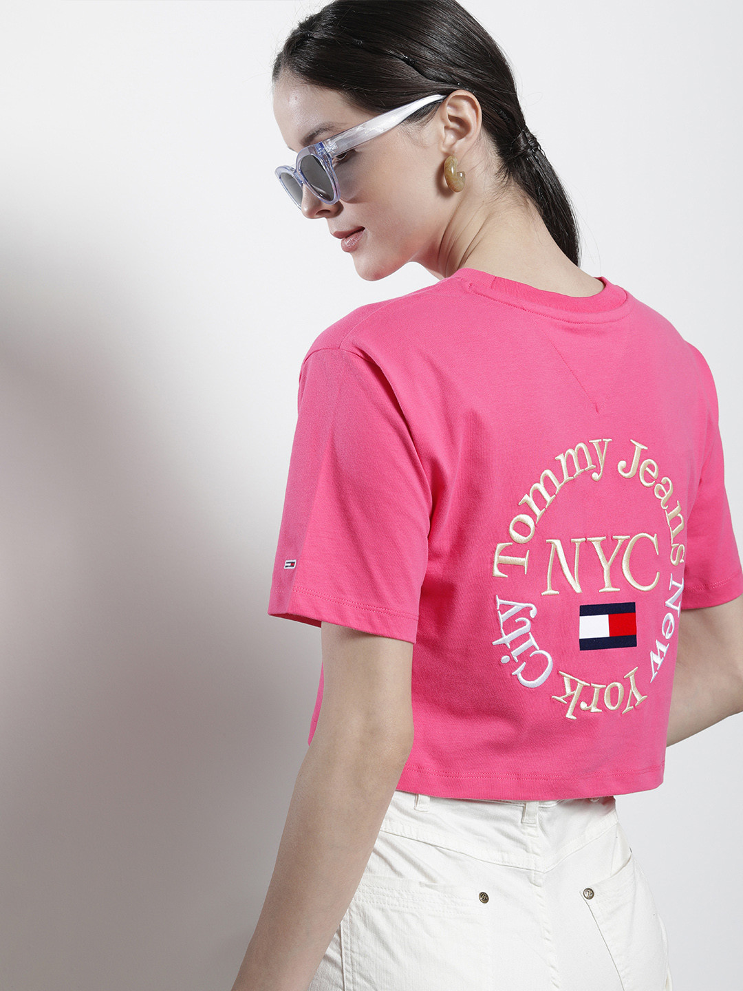 

Tommy Hilfiger Women Pink Brand Logo Embroidered Organic Cotton Crop T-shirt