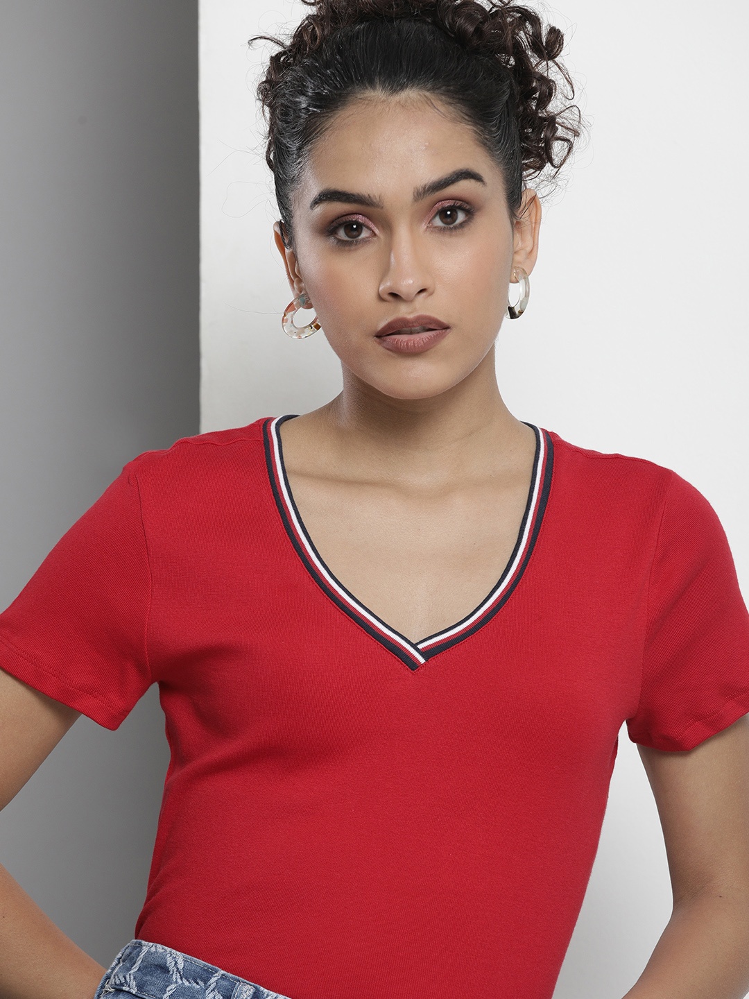 

Tommy Hilfiger Women Red Solid V-Neck Pure Cotton T-shirt