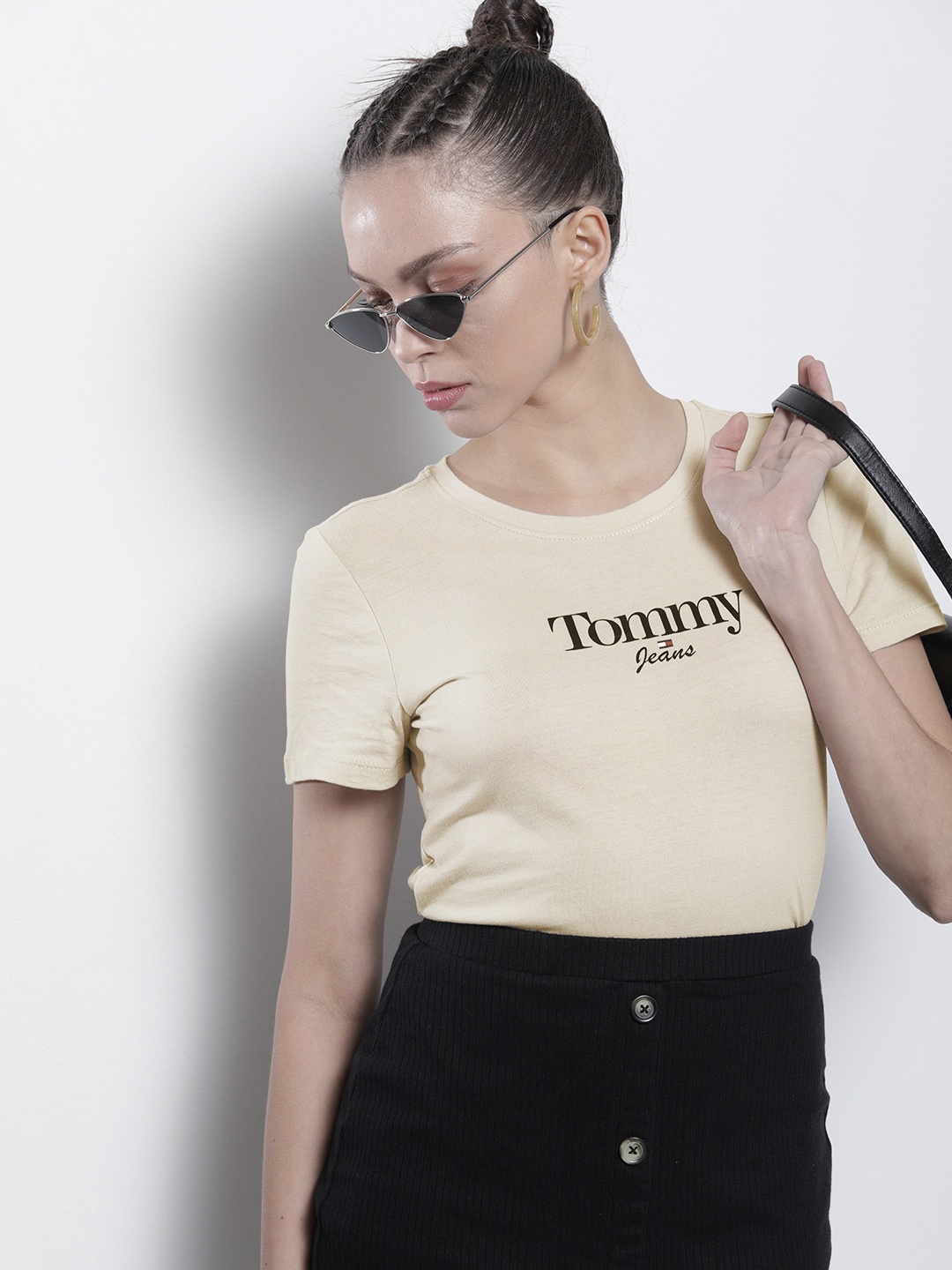 

Tommy Hilfiger Women Beige Brand Logo Print Round Neck Skinny Slim Fit T-shirt