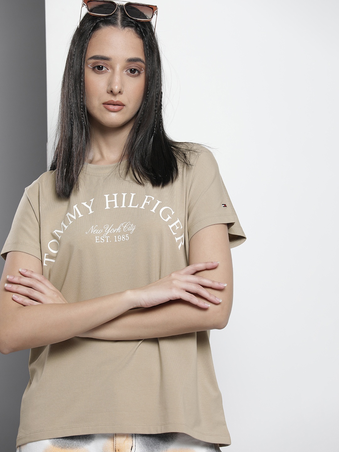 

Tommy Hilfiger Women Beige Brand Logo Printed Relaxed Fit Casual T-shirt