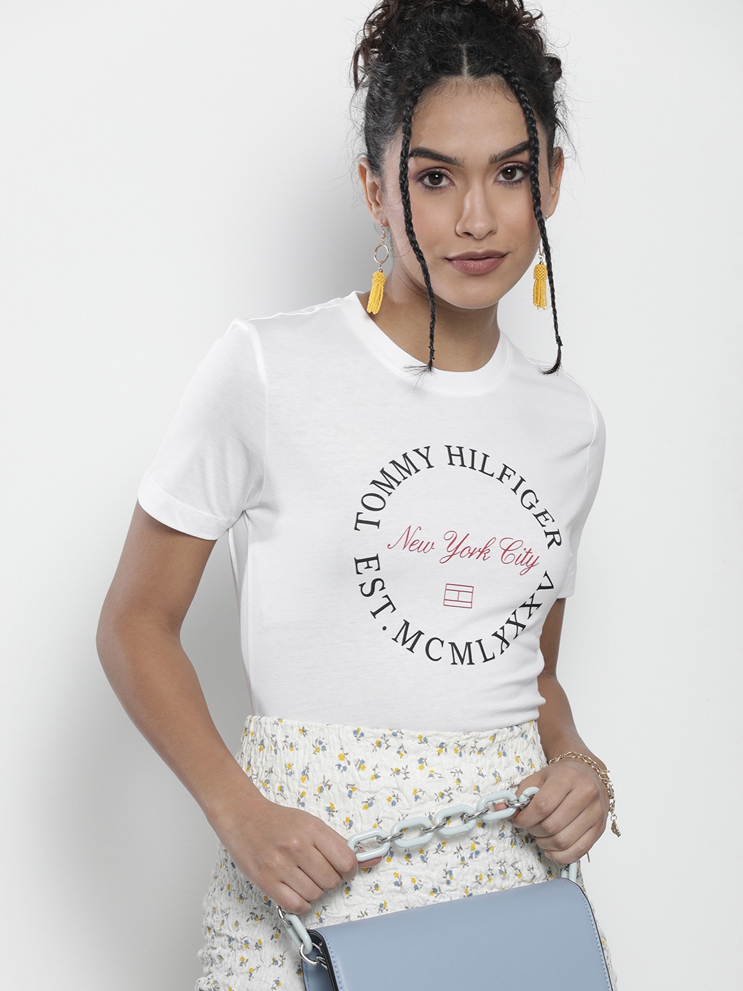 

Tommy Hilfiger Women White Typography Printed Slim Fit Pure Cotton Casual T-shirt