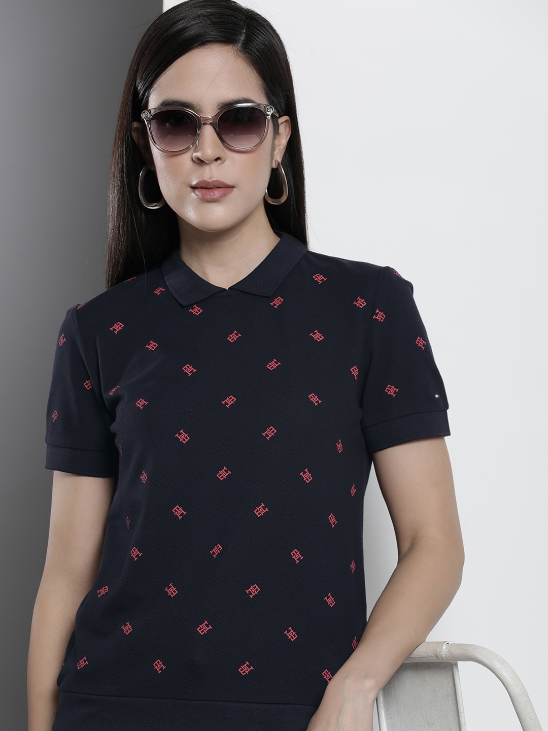 

Tommy Hilfiger Sustainable Brand Logo Printed Polo Collar T-shirt, Navy blue