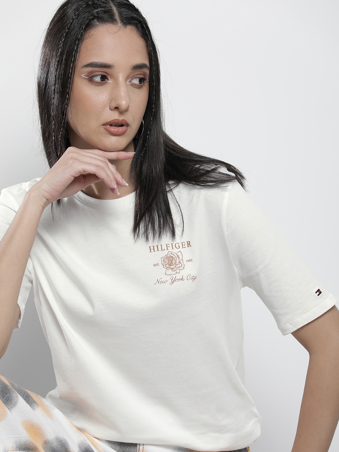 

Tommy Hilfiger Women White Brand Logo Printed Pure Cotton Casual T-shirt