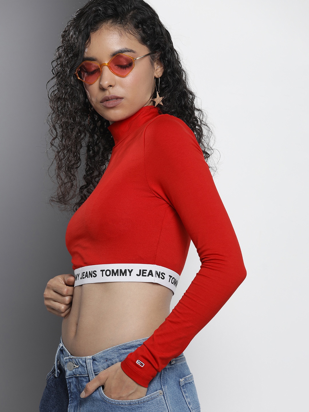 

Tommy Hilfiger Solid High Neck Casual Crop T-shirt, Red