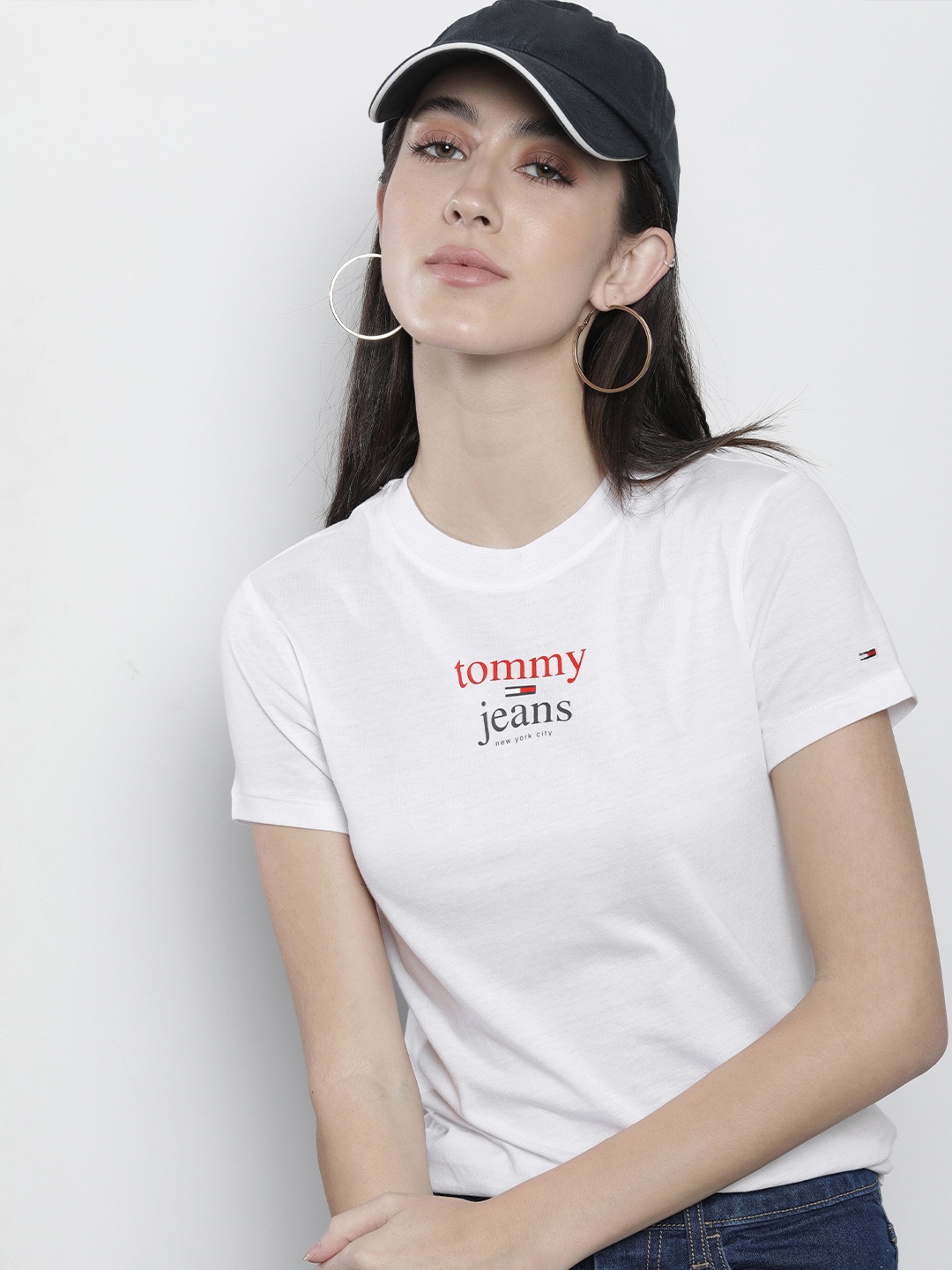 

Tommy Hilfiger Women White Brand Logo Printed Slim Fit Casual T-shirt