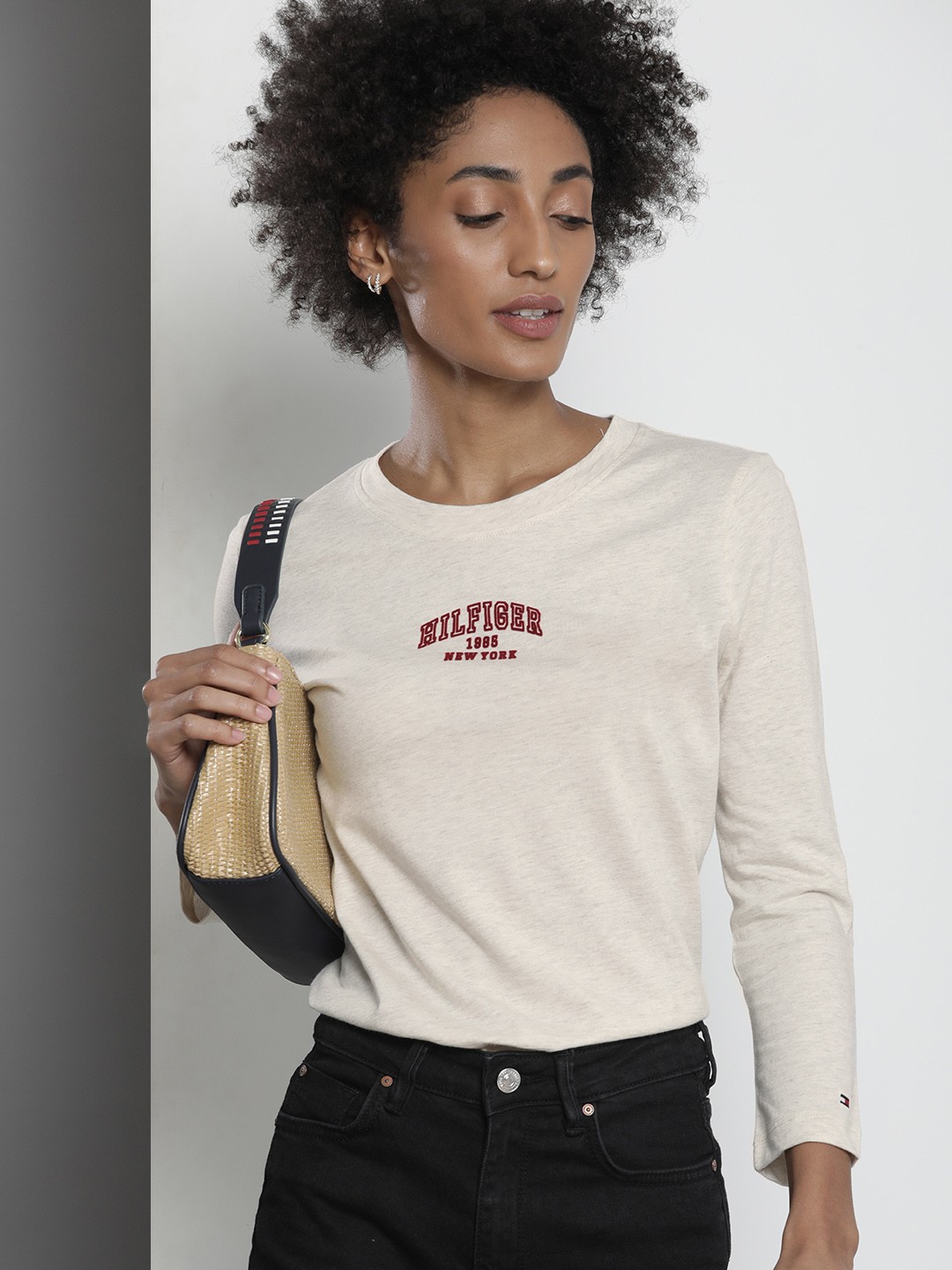 

Tommy Hilfiger Women Off White Melange Brand Logo Self Design Organic Cotton T-shirt