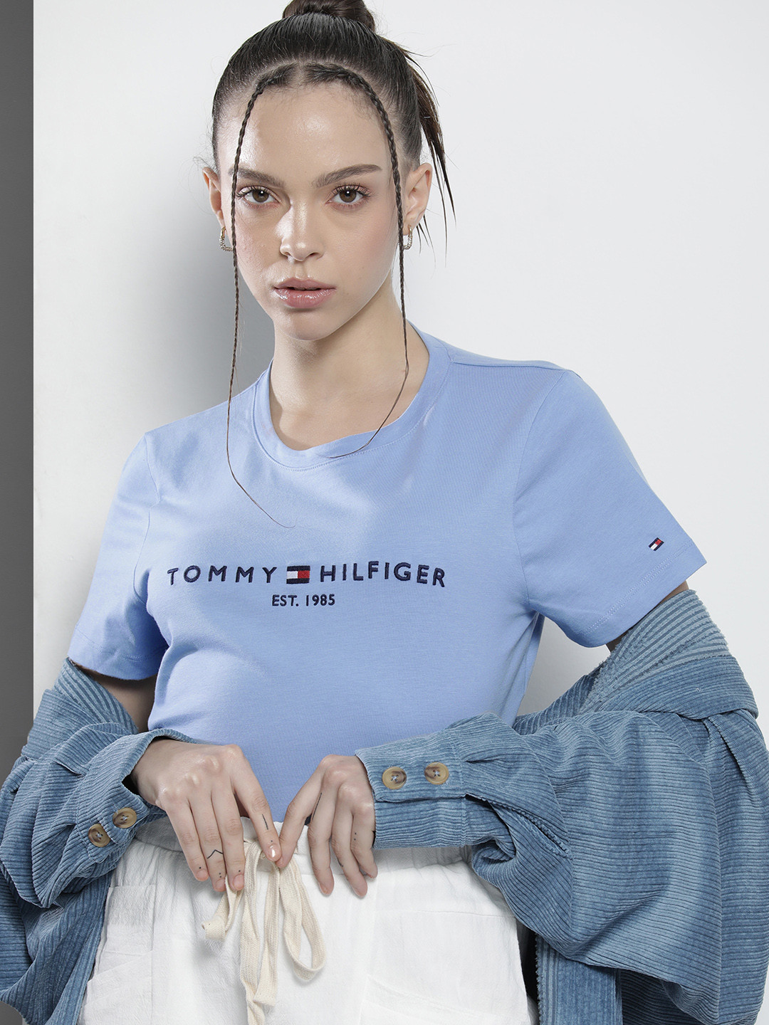 

Tommy Hilfiger Women Blue Typography Embroidered Pure Cotton T-shirt