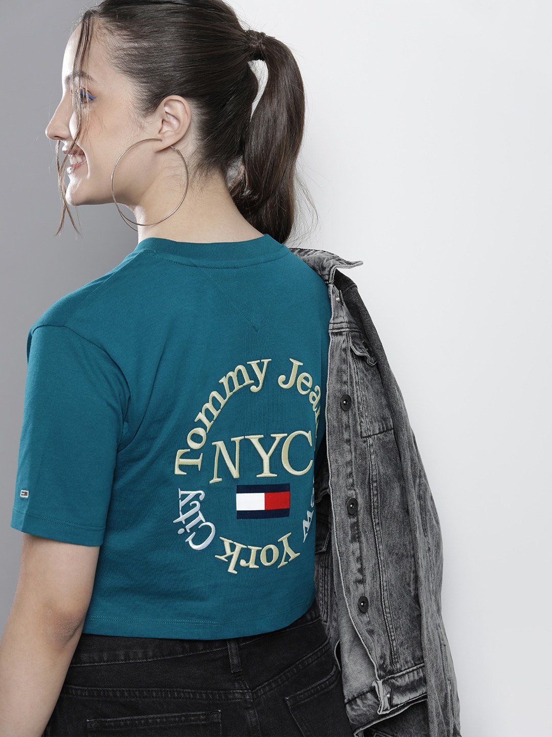 

Tommy Hilfiger Women Teal Blue Brand Logo Embroidered Pure Cotton Crop T-shirt