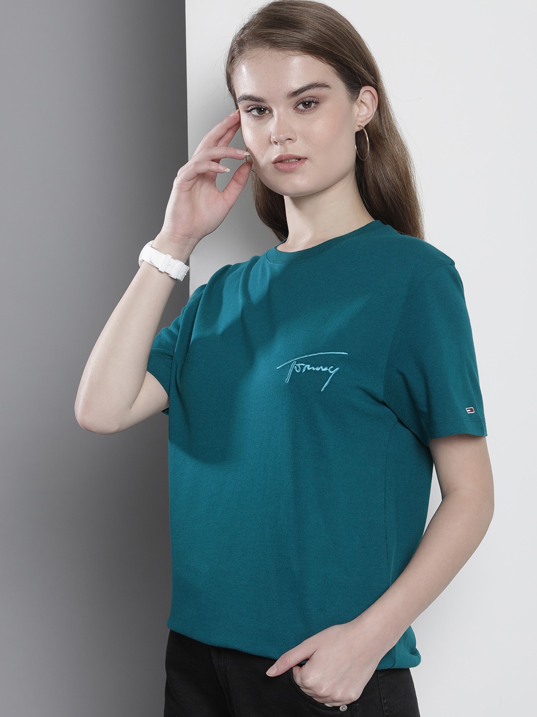 

Tommy Hilfiger Women Teal Blue Brand Logo Embroidered Pure Cotton T-shirt