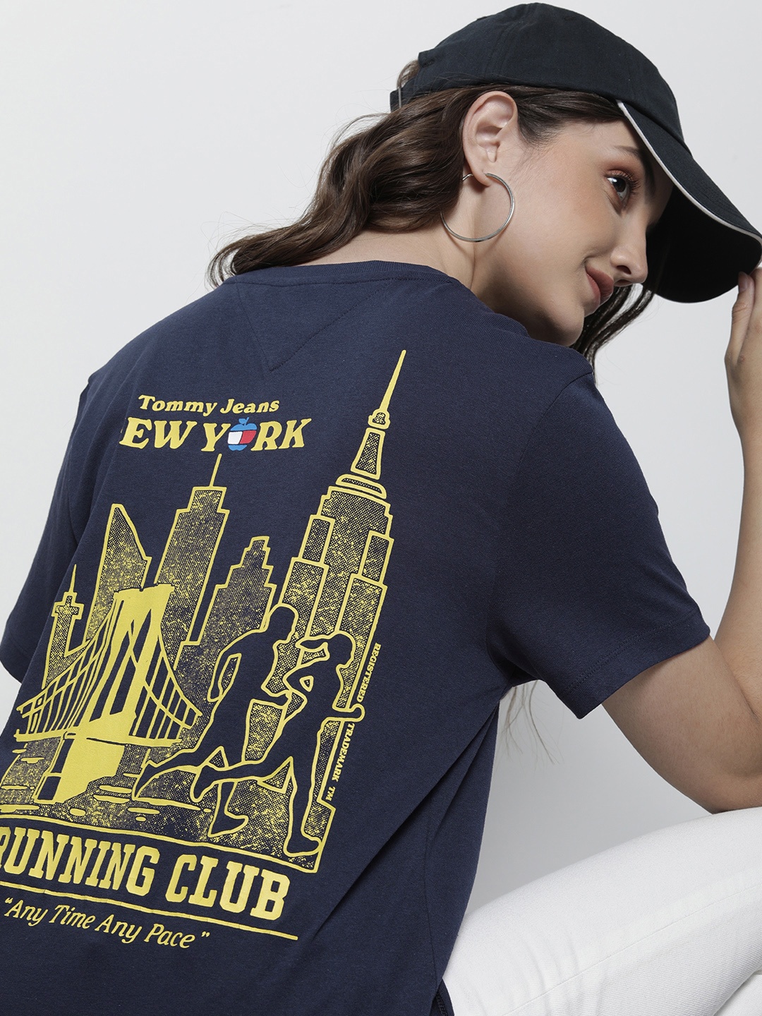 

Tommy Hilfiger Women Navy Blue Relaxed Fit RUNNING CLUB Printed Pure Cotton T-shirt