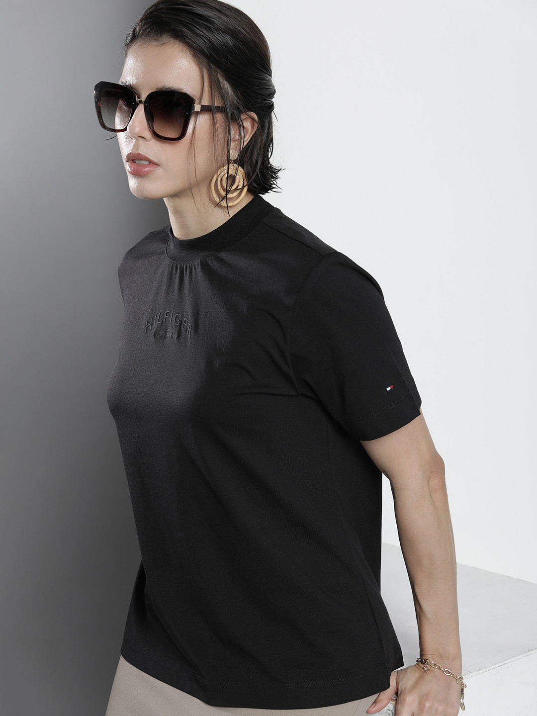 

Tommy Hilfiger Women Black Brand Logo Embroidered High Neck T-shirt