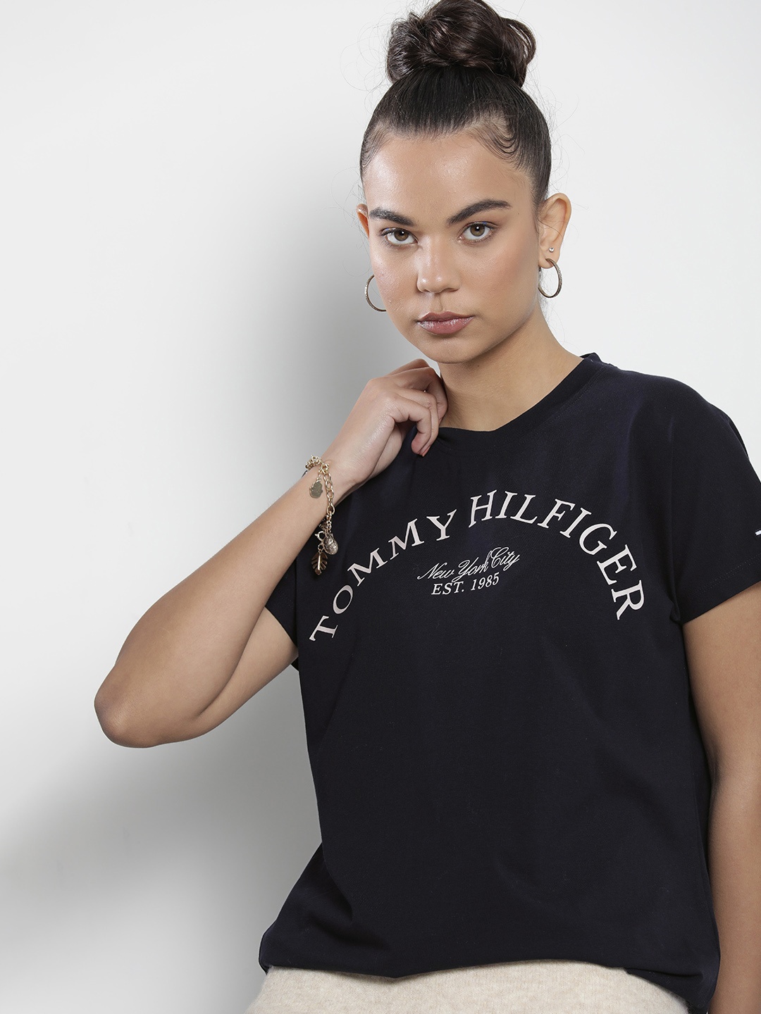 

Tommy Hilfiger Women Navy Blue Brand Logo Printed T-shirt
