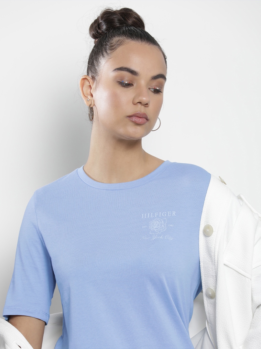 

Tommy Hilfiger Women Blue Brand Logo Printed Organic Cotton T-shirt