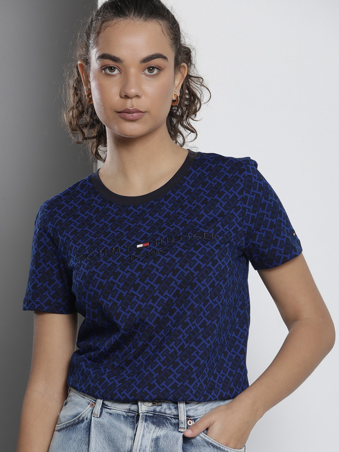 

Tommy Hilfiger Women Navy Blue & Black Brand Logo Print Embroidered Organic Cotton T-shirt