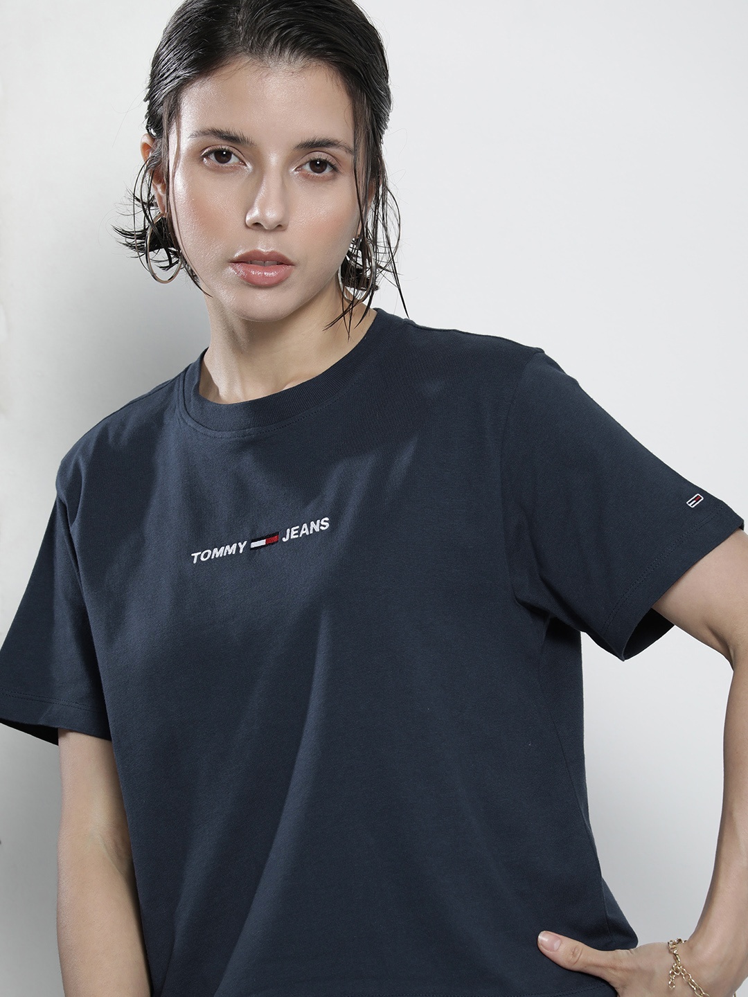 

Tommy Hilfiger Women Navy Blue Pure Cotton T-shirt with Embroidery