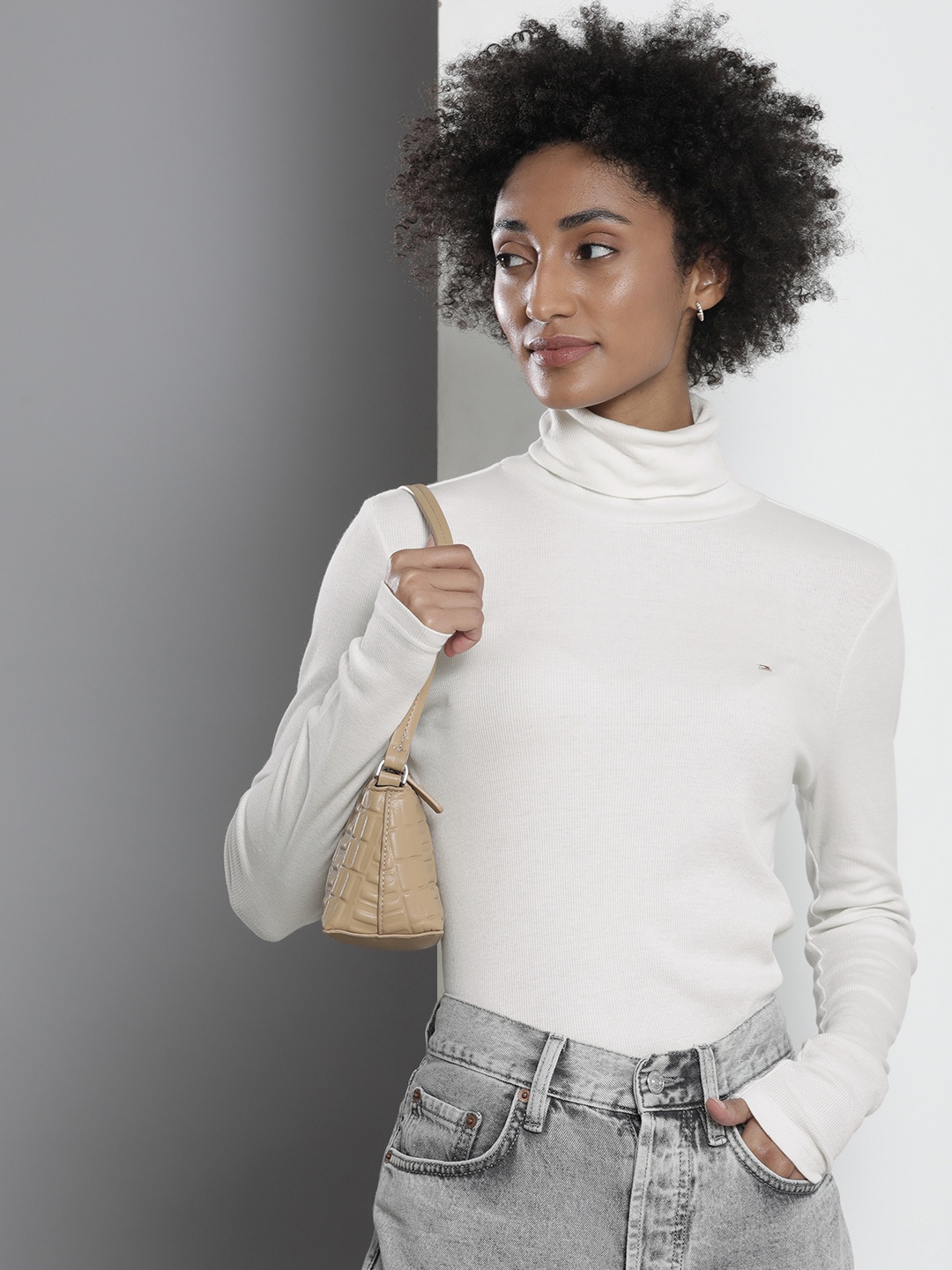 

Tommy Hilfiger Women Off White Solid Turtle Neck Slim Fit T-shirt