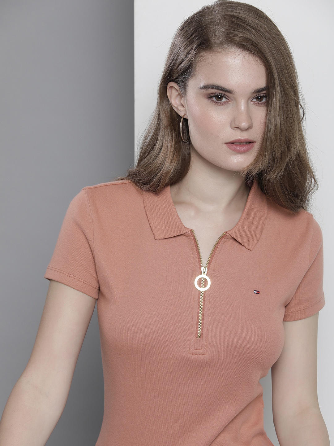 

Tommy Hilfiger Women Beige Solid Polo Collar Pure Cotton Slim Fit T-shirt