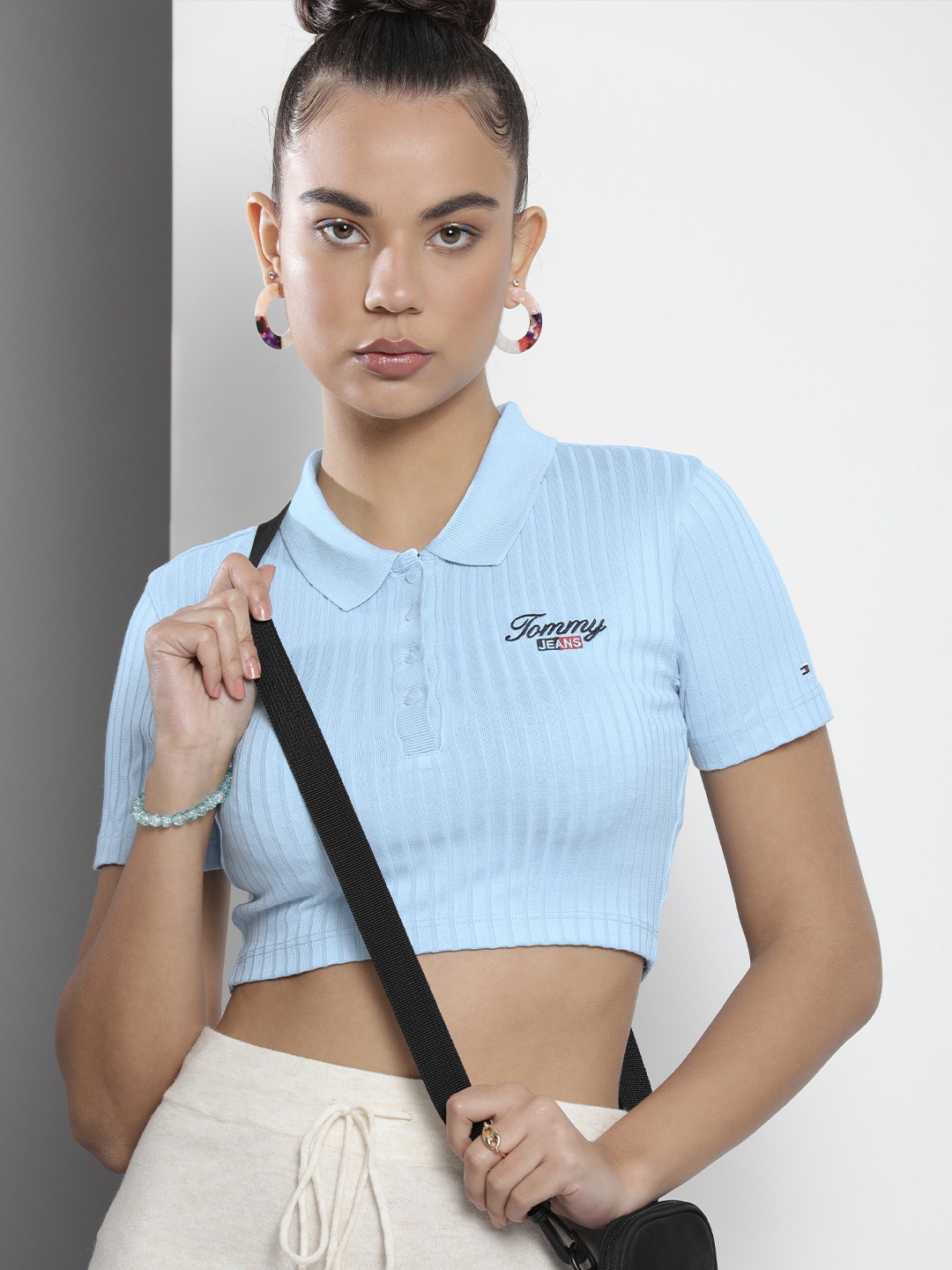 

Tommy Hilfiger Women Blue Polo Collar Crop T-shirt