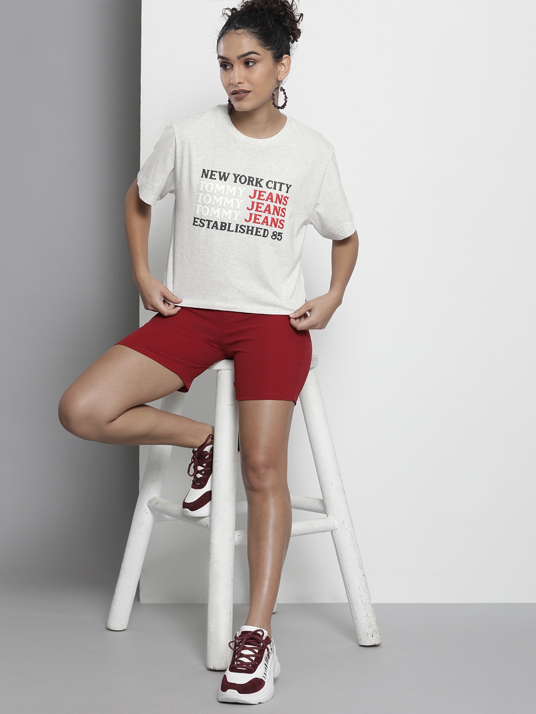 

Tommy Hilfiger Women Grey Melange Typography Printed Pure Cotton Applique T-shirt