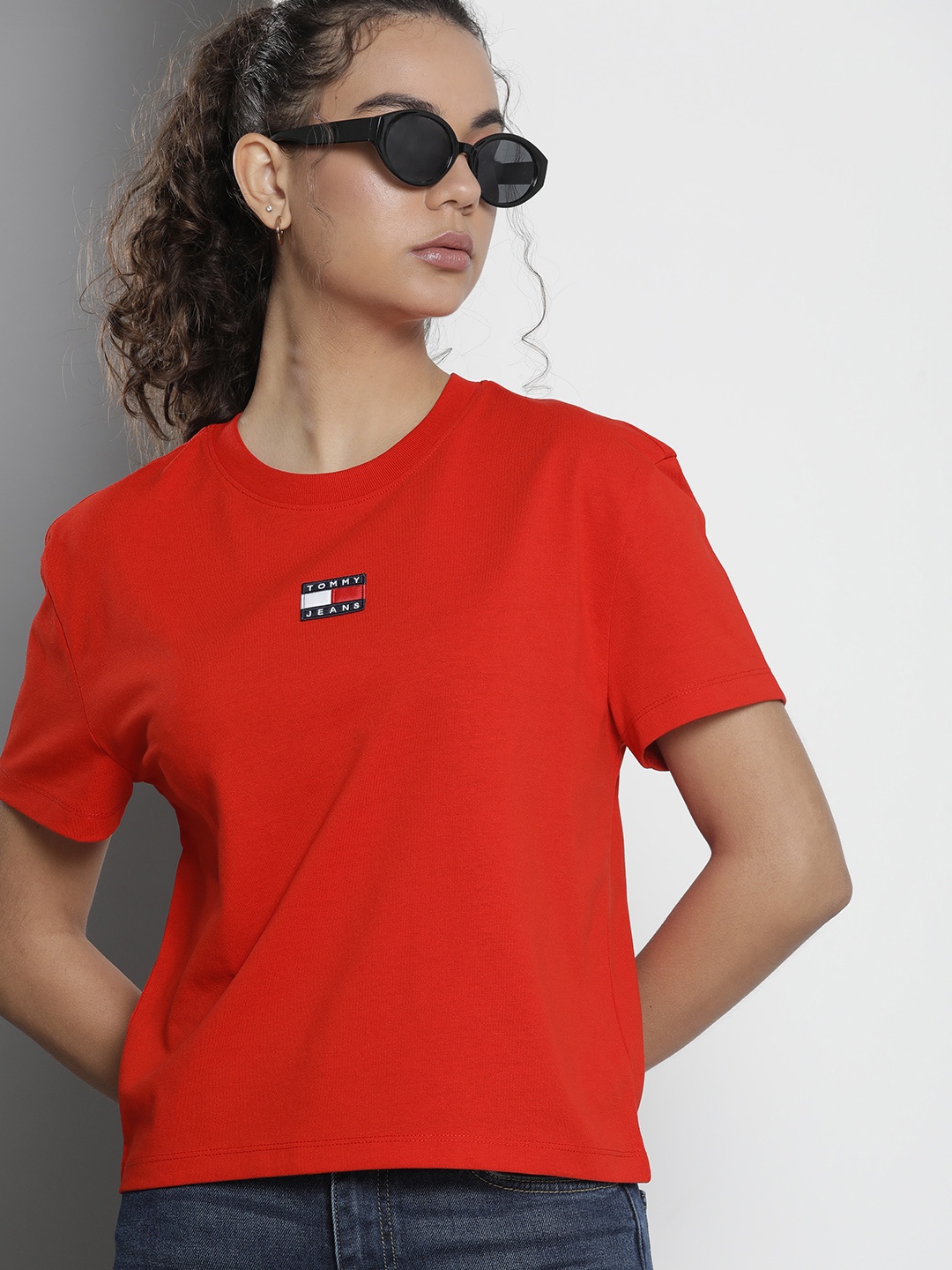 

Tommy Hilfiger Women Red Solid Round Neck Brand Logo Applique T-shirt