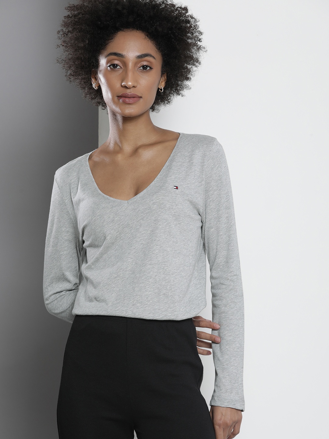 

Tommy Hilfiger Women Grey Melange V-Neck Pure Cotton T-shirt