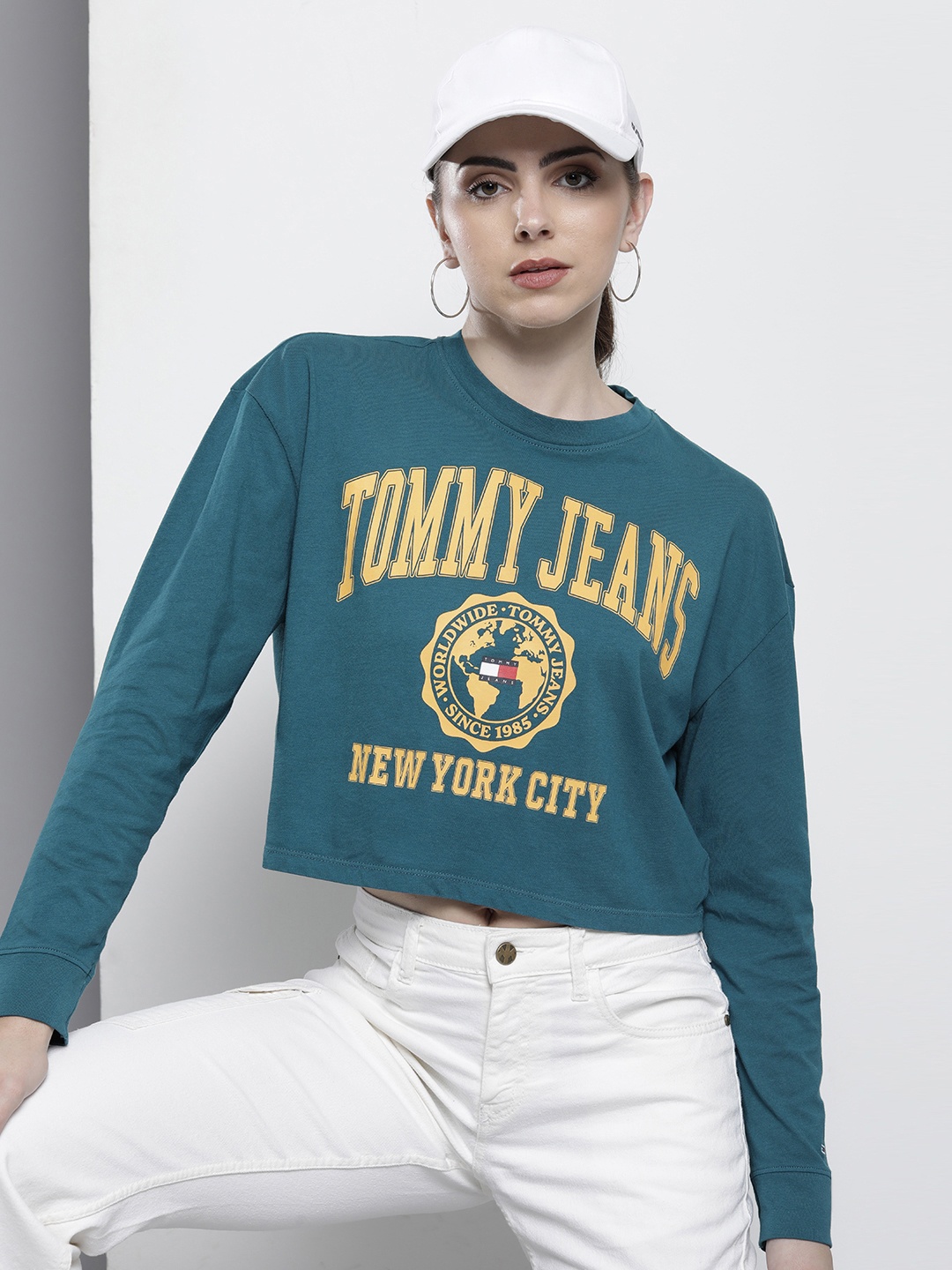 

Tommy Hilfiger Typography Printed Pure Cotton Crop T-shirt, Teal