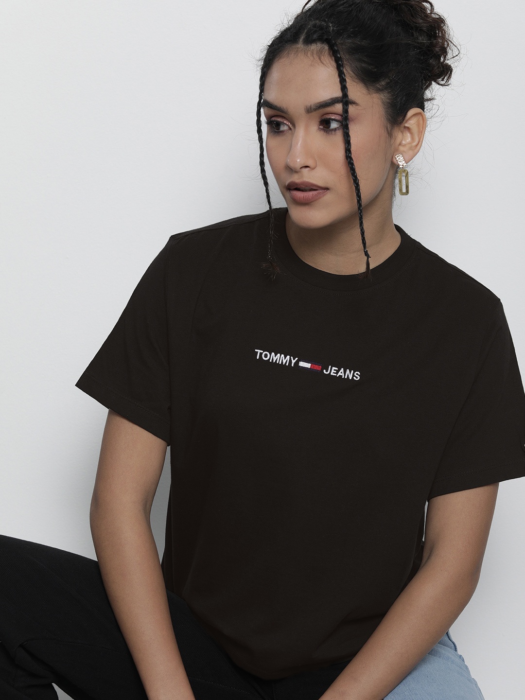

Tommy Hilfiger Women Black Typography Printed Pure Cotton Casual T-shirt