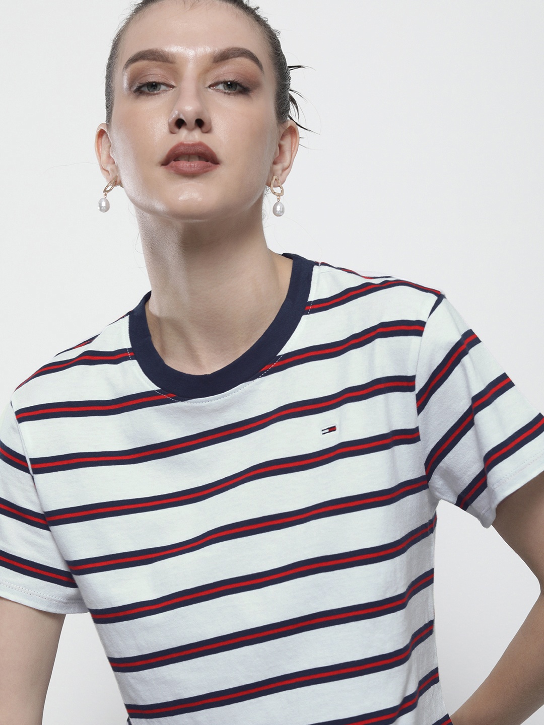 

Tommy Hilfiger Women White & Red Striped Pure Cotton Casual T-shirt