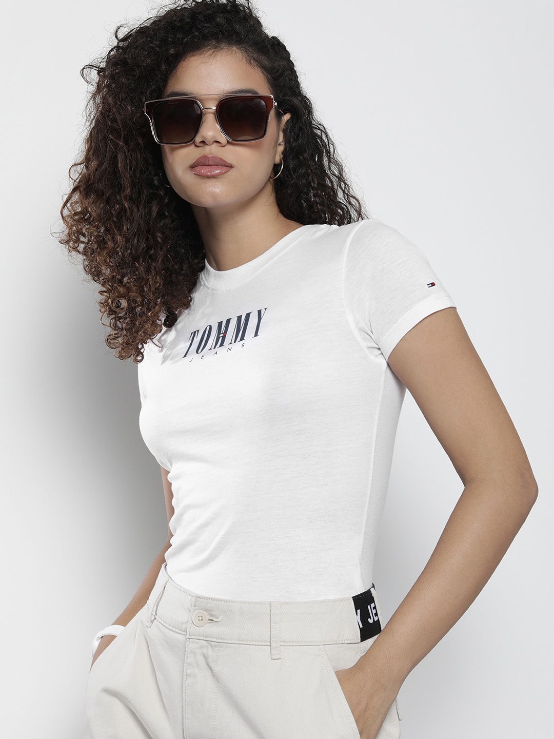 

Tommy Hilfiger Women White Brand Logo Printed Slim Fit T-shirt