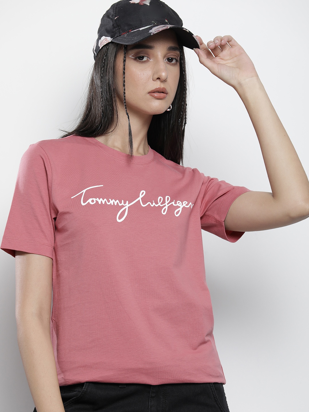 

Tommy Hilfiger Women Pink & White Brand Logo Printed Pure Cotton Slim Fit T-shirt