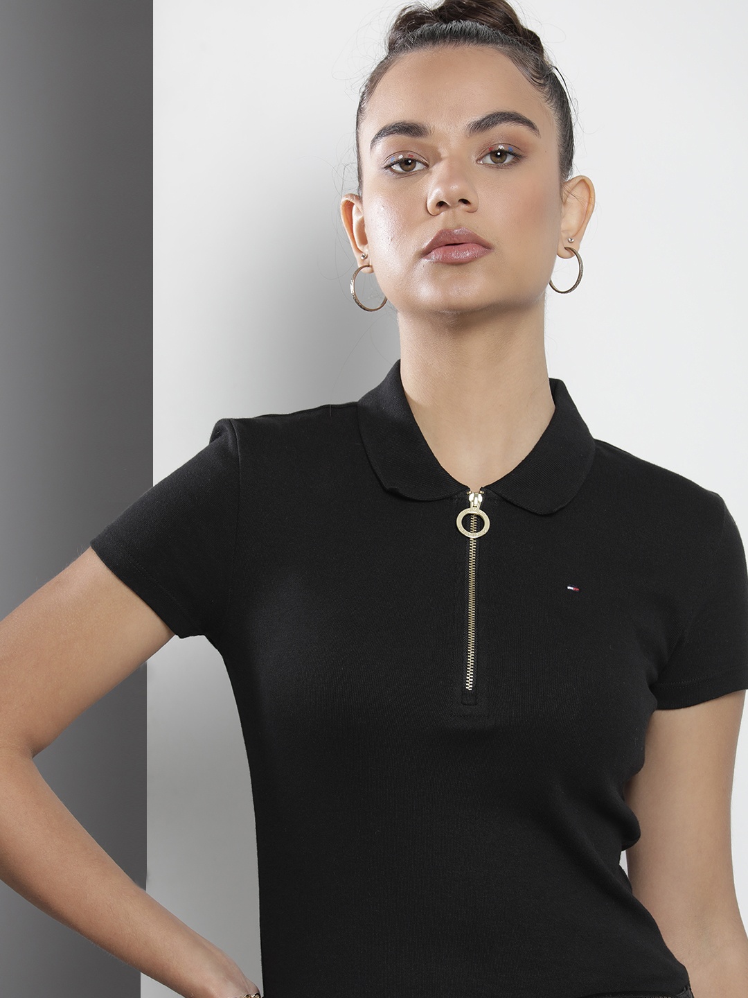 

Tommy Hilfiger Women Black Polo Collar Slim Fit T-shirt