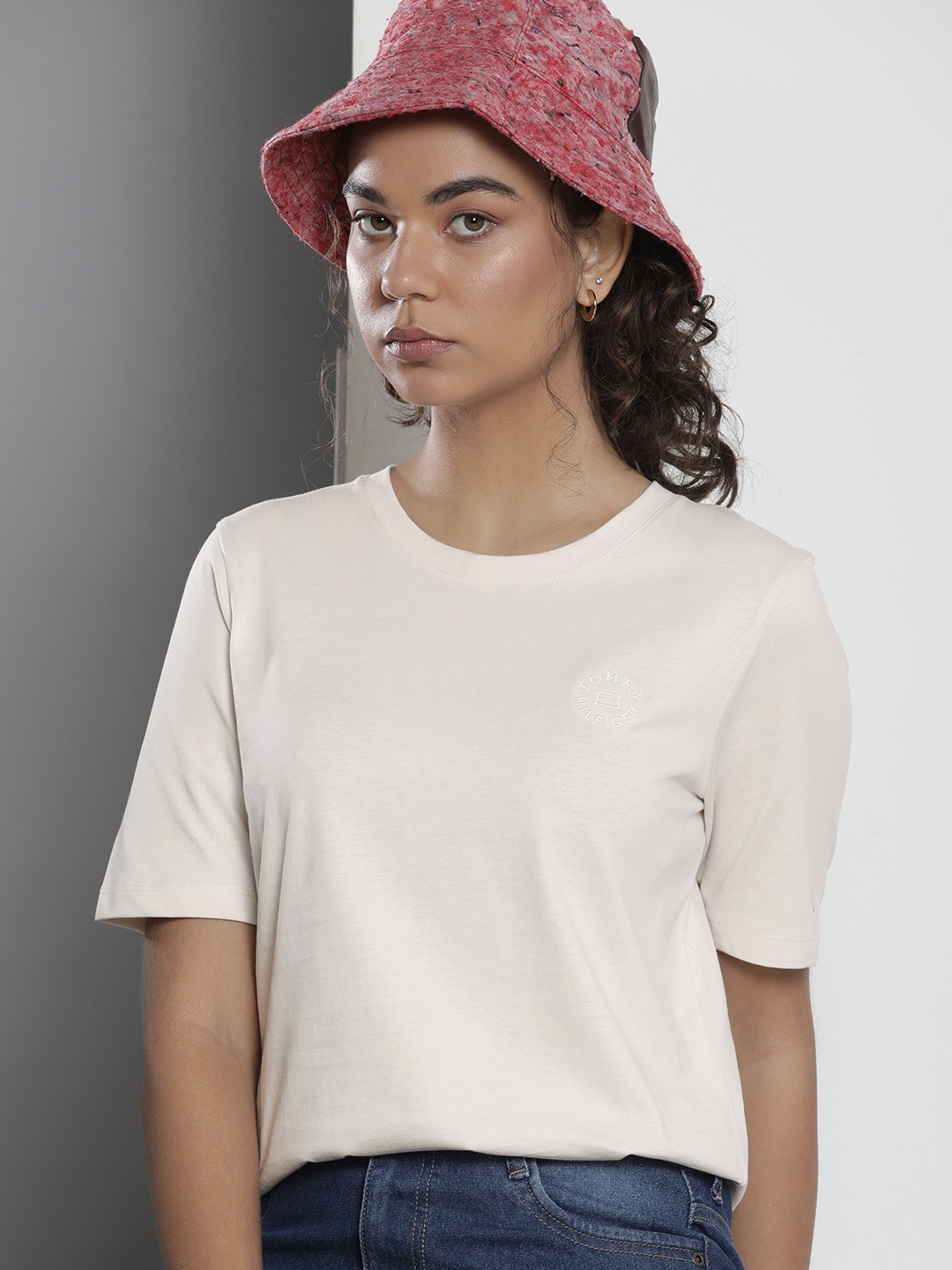 

Tommy Hilfiger Women Off White Embroidered Pure Cotton T-shirt