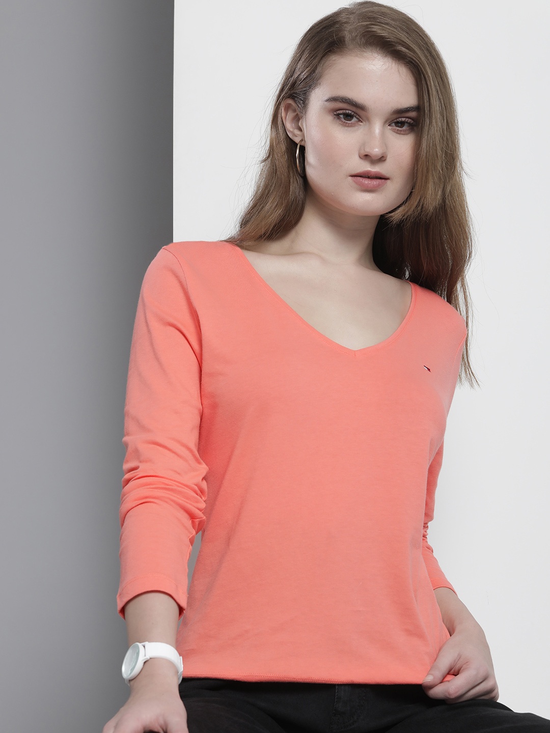 

Tommy Hilfiger Women Orange Solid V-Neck Organic Cotton T-shirt