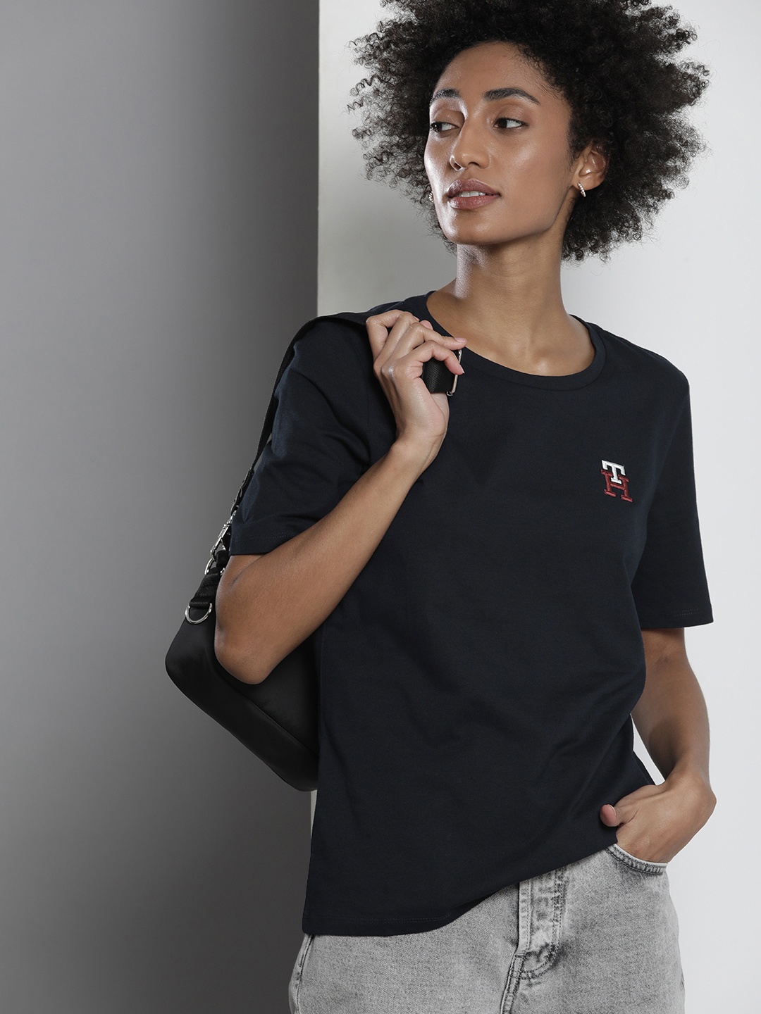 

Tommy Hilfiger Women Navy Blue Solid Brand Logo Embroidered Indigo Organic Cotton T-shirt