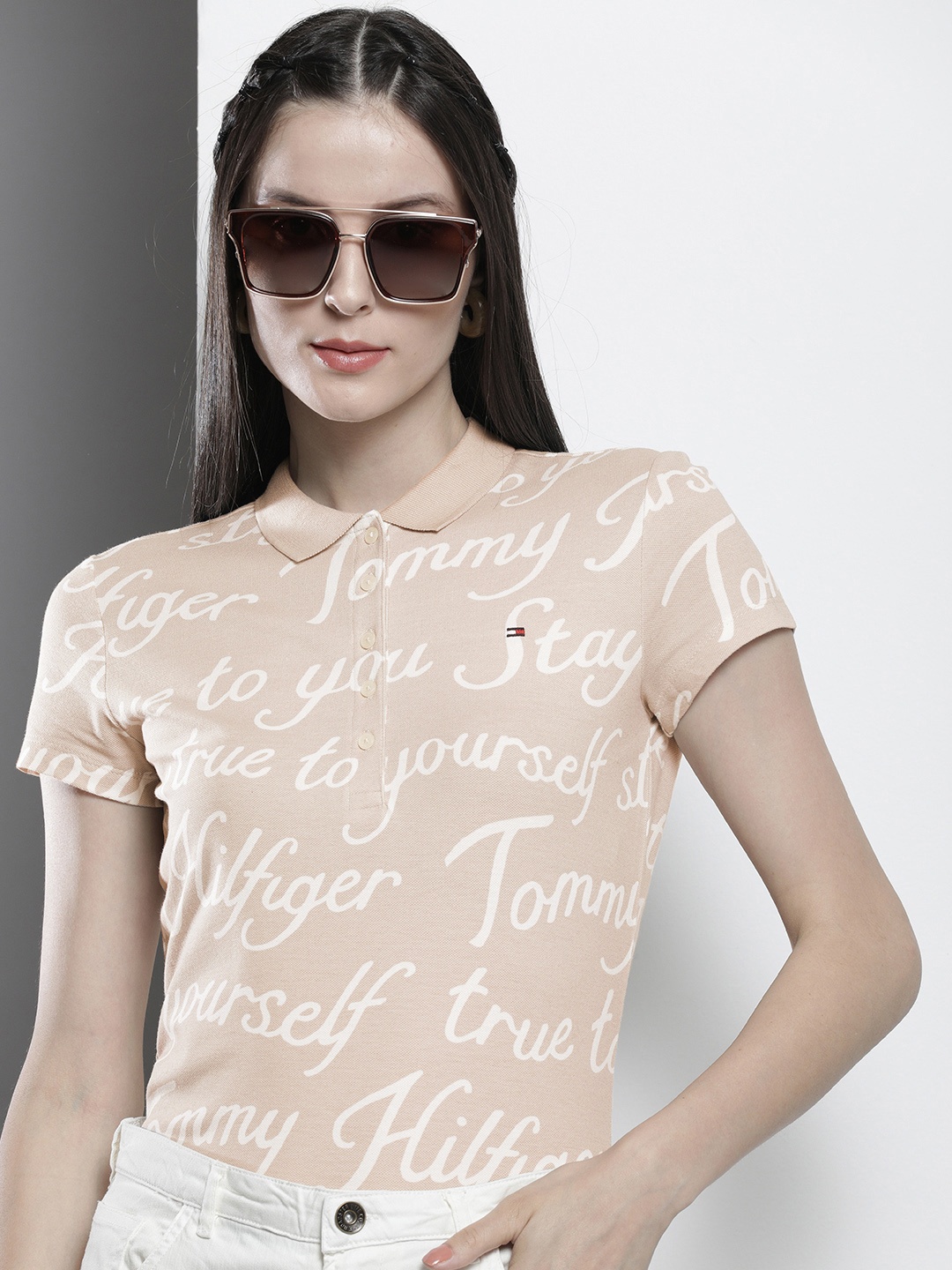

Tommy Hilfiger Women Beige & White Brand Logo Print Polo Collar Slim Fit T-shirt