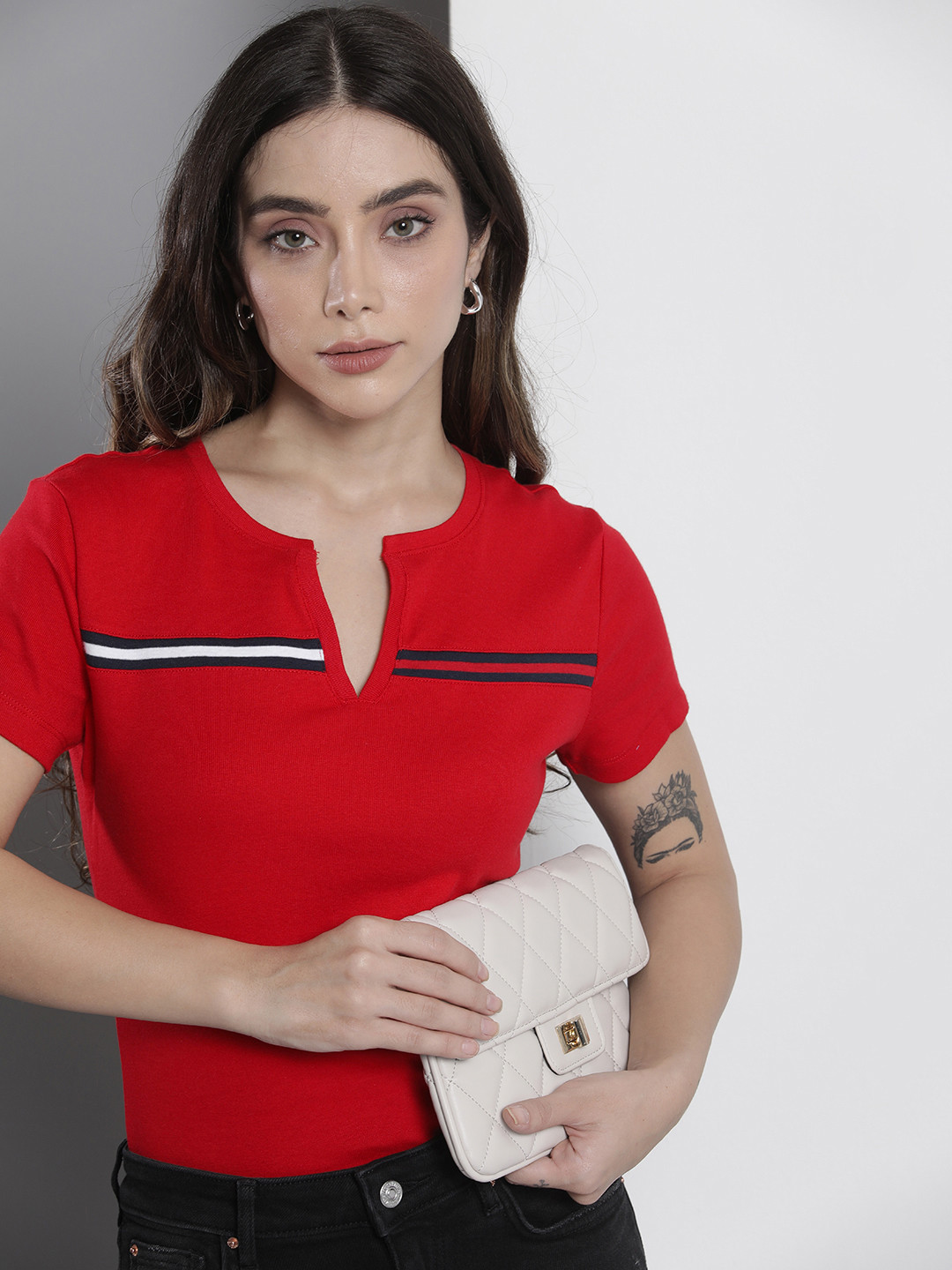 

Tommy Hilfiger Women Red V-Neck Pure Cotton T-shirt with Striped Detail