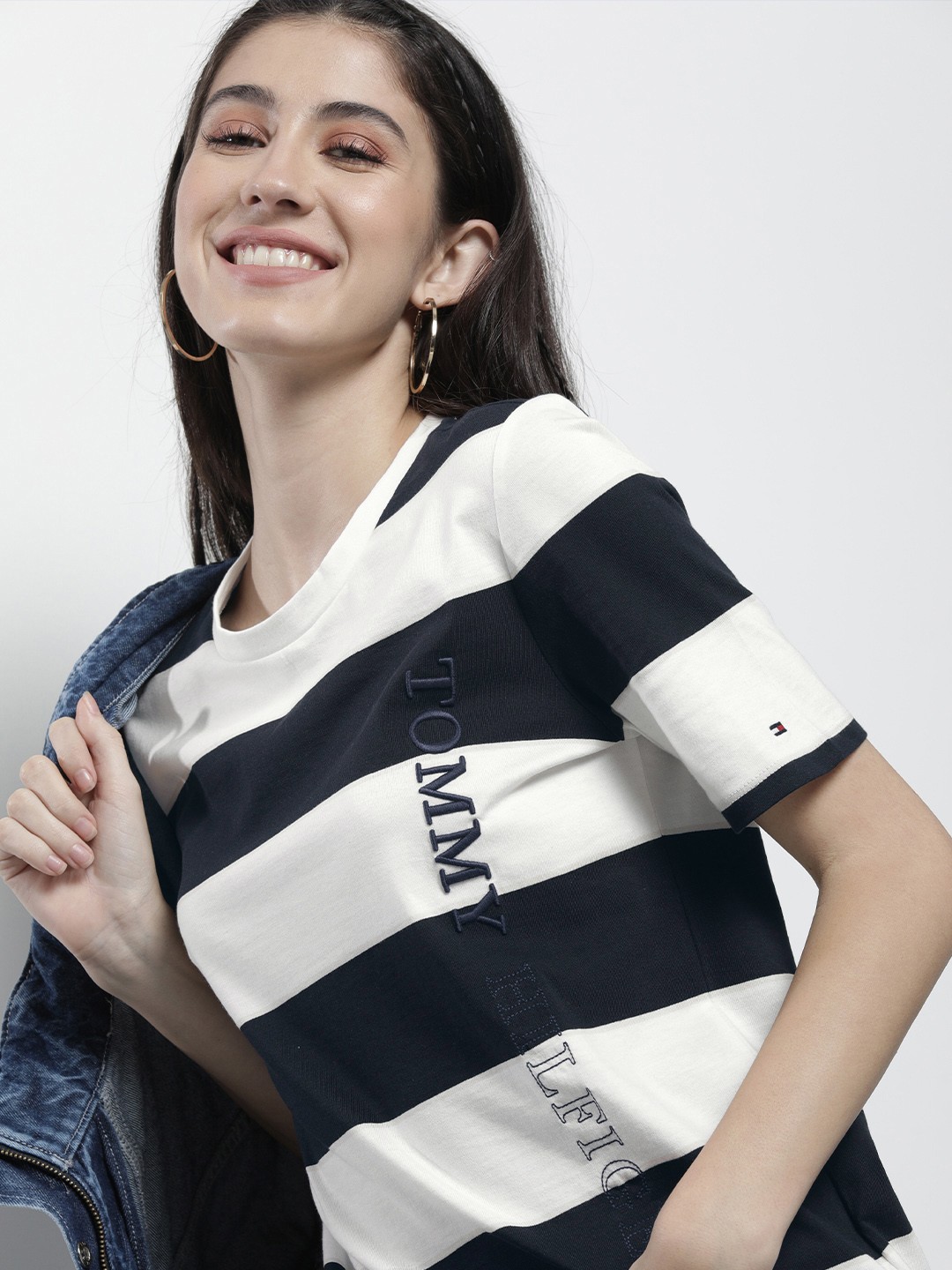 

Tommy Hilfiger Women White & Navy Blue Striped Pure Cotton T-shirt