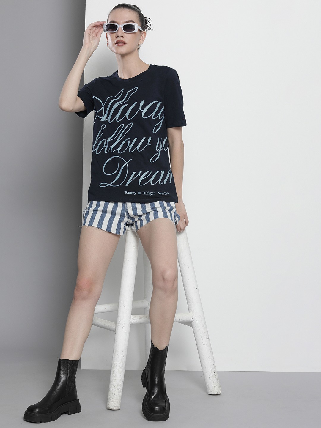 

Tommy Hilfiger Women Navy Blue Typography Printed Pure Cotton T-shirt