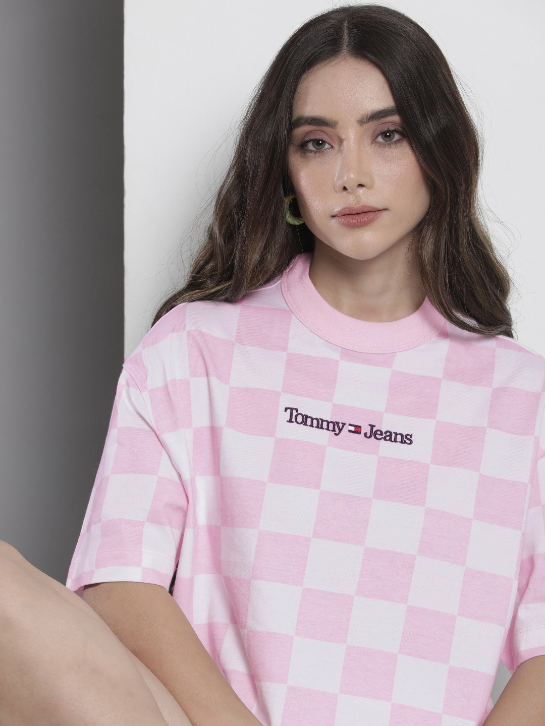 

Tommy Hilfiger Women Pink & White Checked Brand Logo Embroidered Pure Cotton Boxy T-shirt