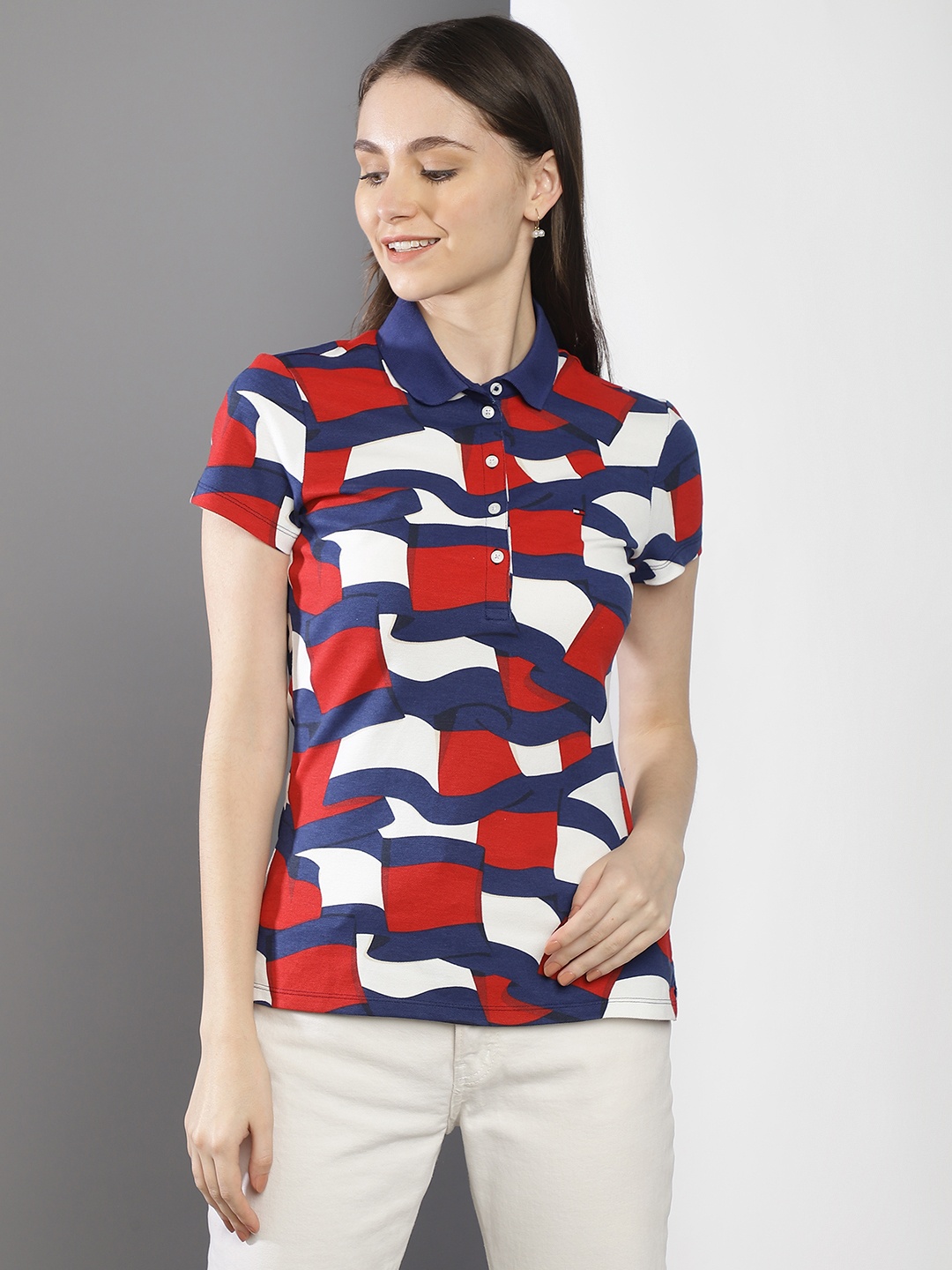 

Tommy Hilfiger Women Printed Polo Collar Slim Fit T-shirt, Blue