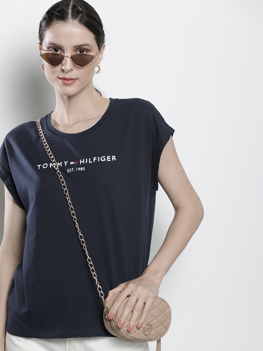 

Tommy Hilfiger Women Navy Blue Brand Logo Embroidered Organic Cotton T-shirt