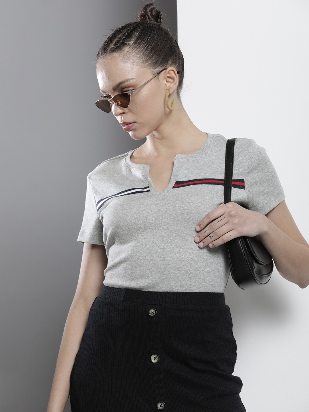 

Tommy Hilfiger Women Grey V-Neck Pure Cotton T-shirt