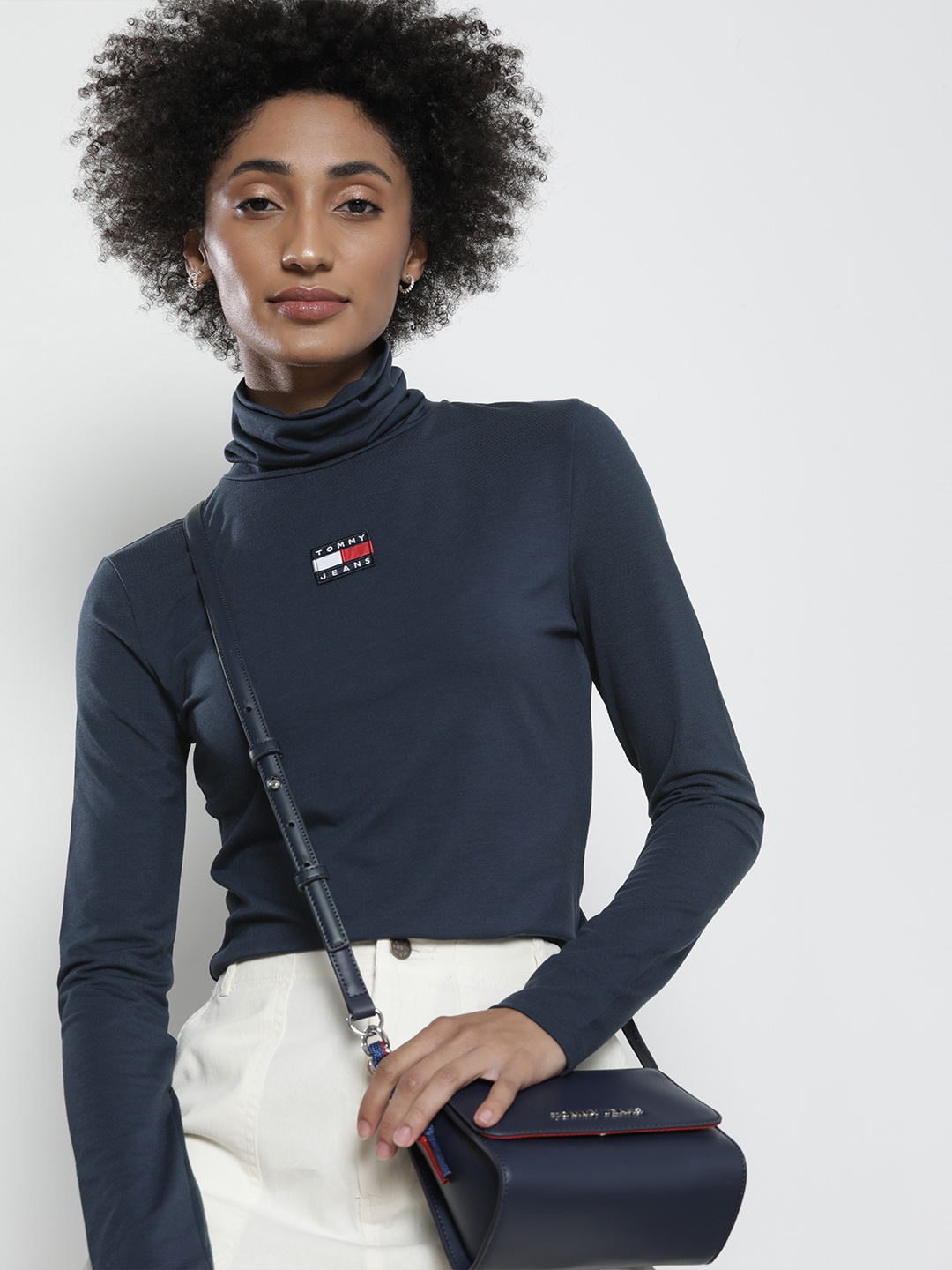 

Tommy Hilfiger Women Navy Blue Turtle Neck Applique Slim Fit T-shirt