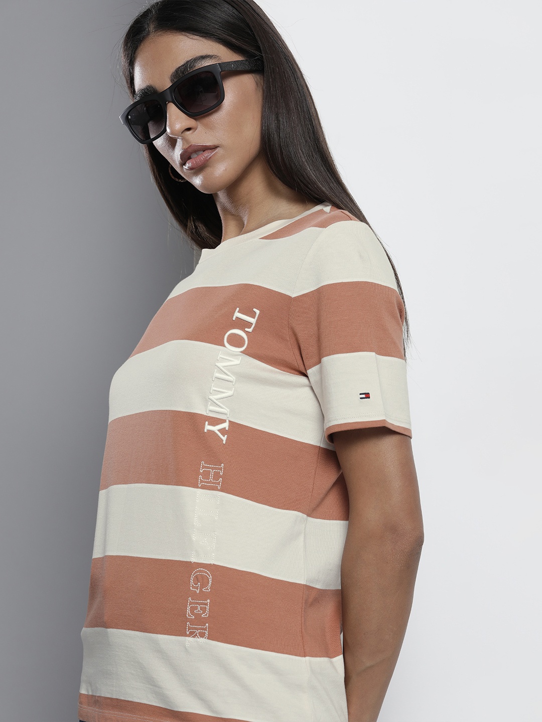 

Tommy Hilfiger Women Brown & Off-White Striped Pure Cotton T-shirt